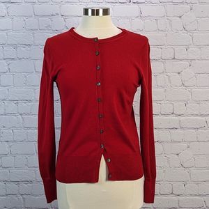 Banana Republic Women Medium Extra Fine Merino Wool Rich Red Cardigan Crew Neck
